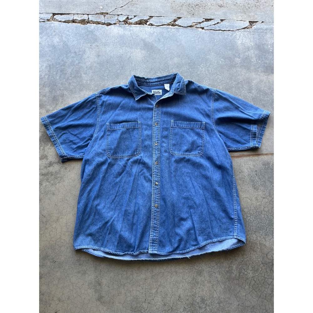 Basic Editions Denim Shirt Womens 2X Blue Cotton Short Sleeve Button Down Pocket